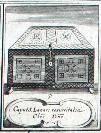 Heiltumsblatt, Trier casket labeled Caput S. Lazari resuscitatia, referring to relic of Lazarus raised from the dead by Jesus.