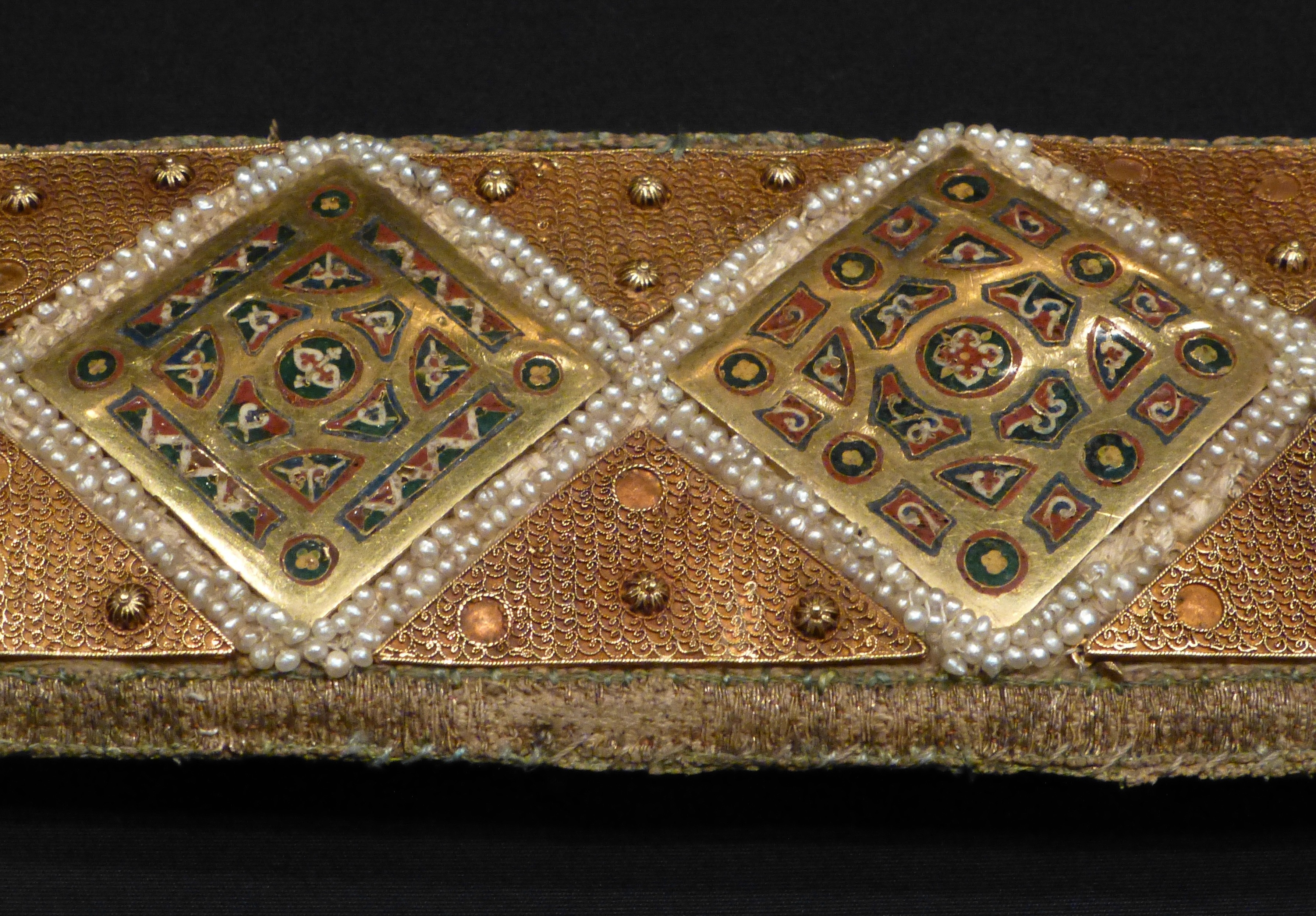 Scabbard of ceremonial sword of Emperor Frederick II, decorated with enamels, double rows of pearls and vermiculuar filigree.