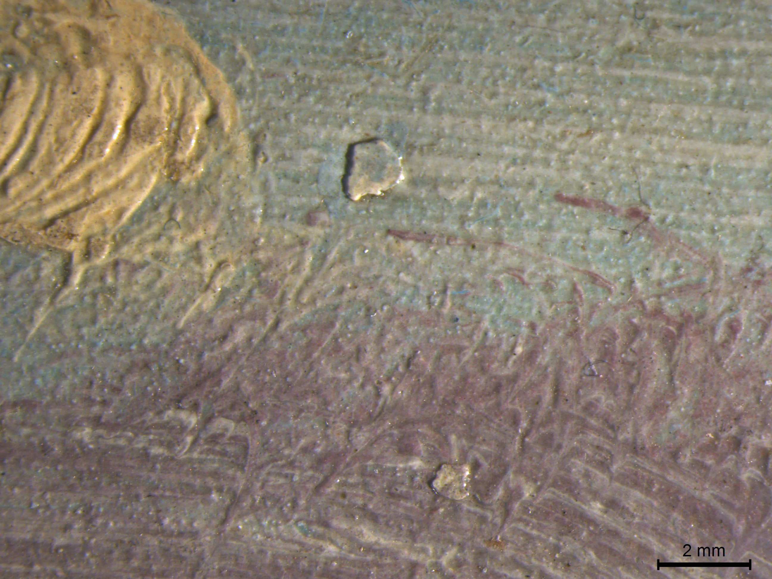 Magnified brushstrokes on an oil paint sketch showing a dried lump of paint caught within the brushmarks