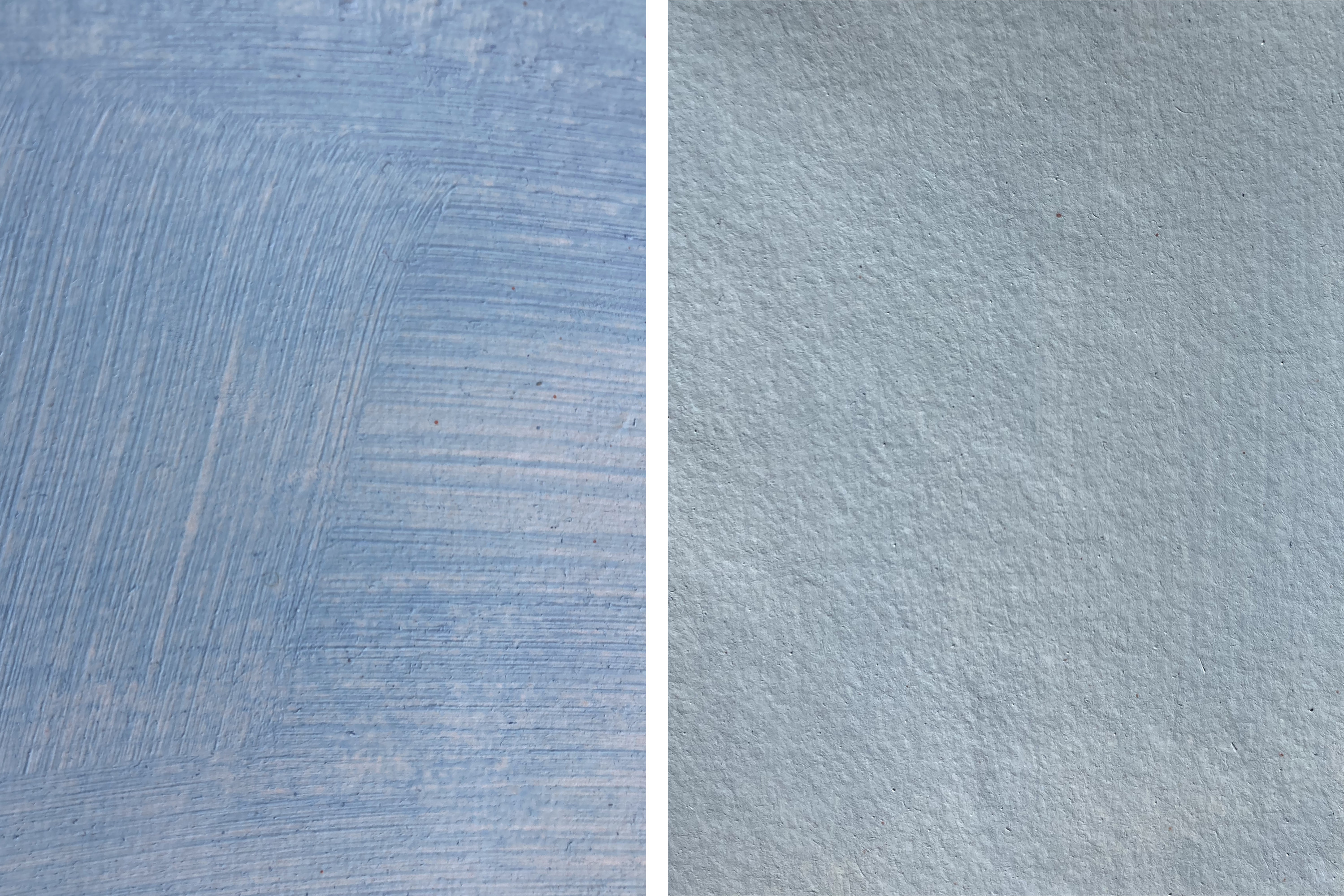 Two rectangles of blue paint on white paper; the left-hand rectangle has lots of brushmarks