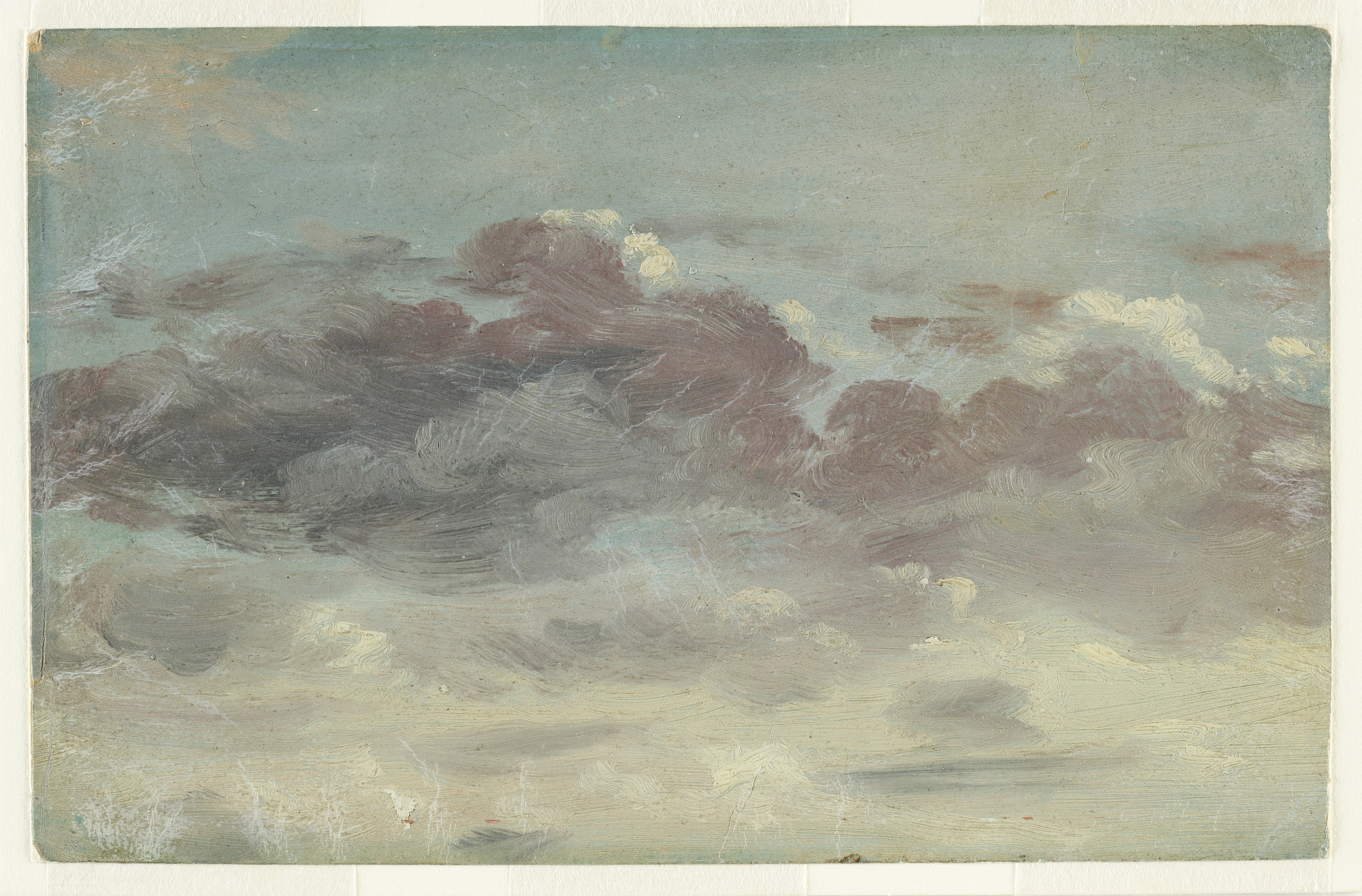 A sketch in oils on paper of mauve-coloured clouds over a pale blue sky