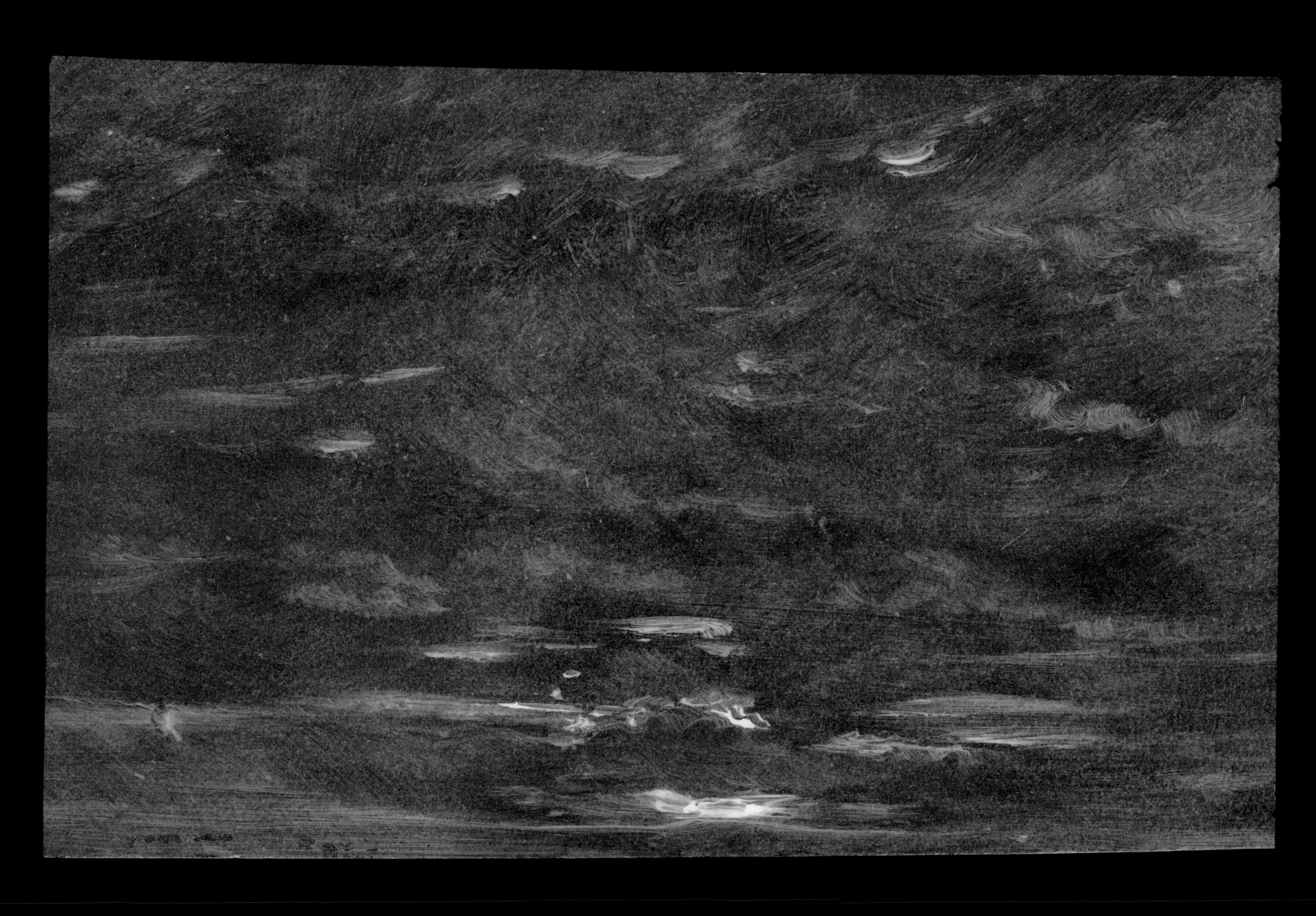 A black and white x-ray image of a skyscape sketch in oils on paper that looks like white brushstrokes on a black background