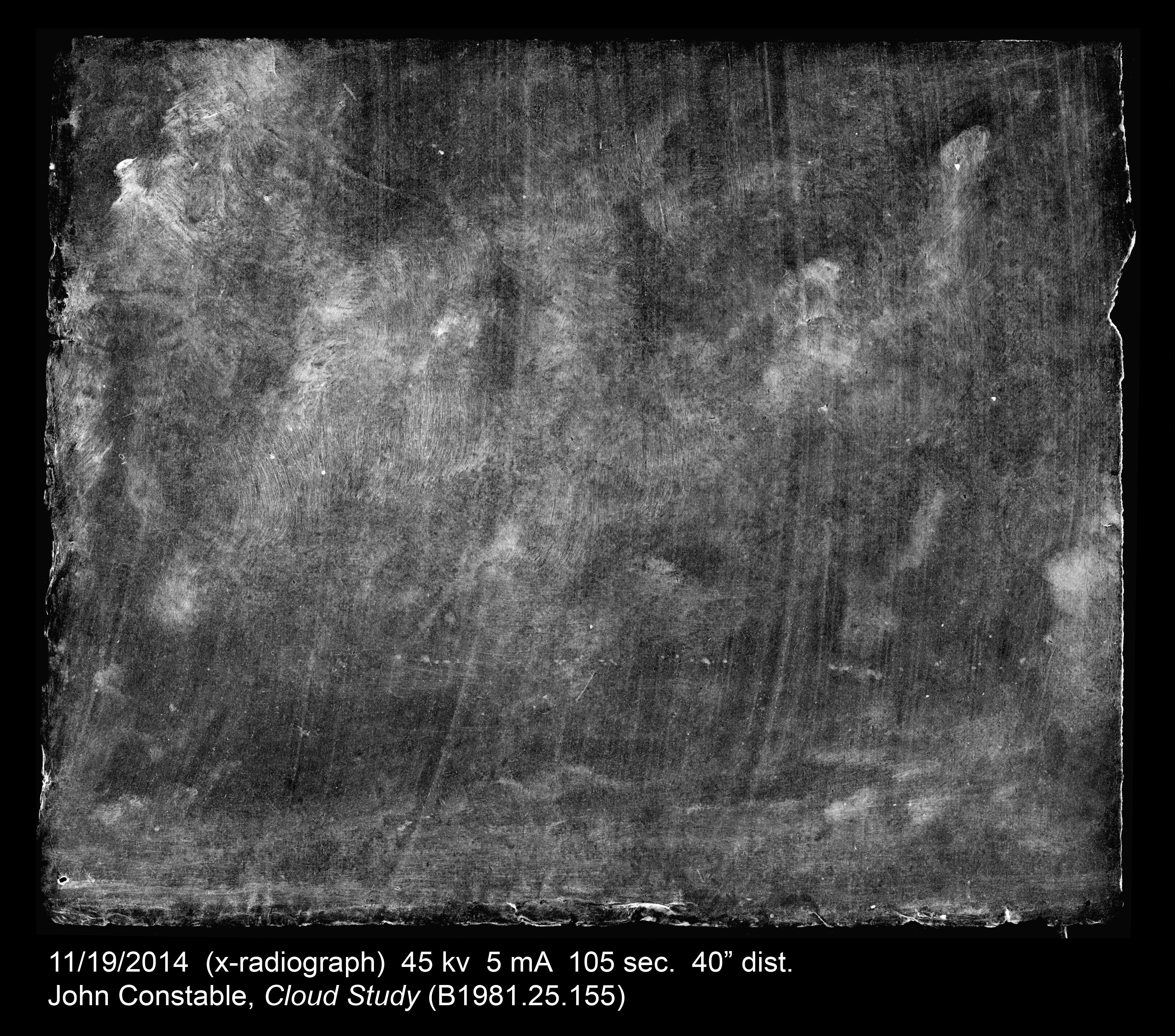 A black and white x-ray image of a skyscape sketch; vertical brushy marks cover the image