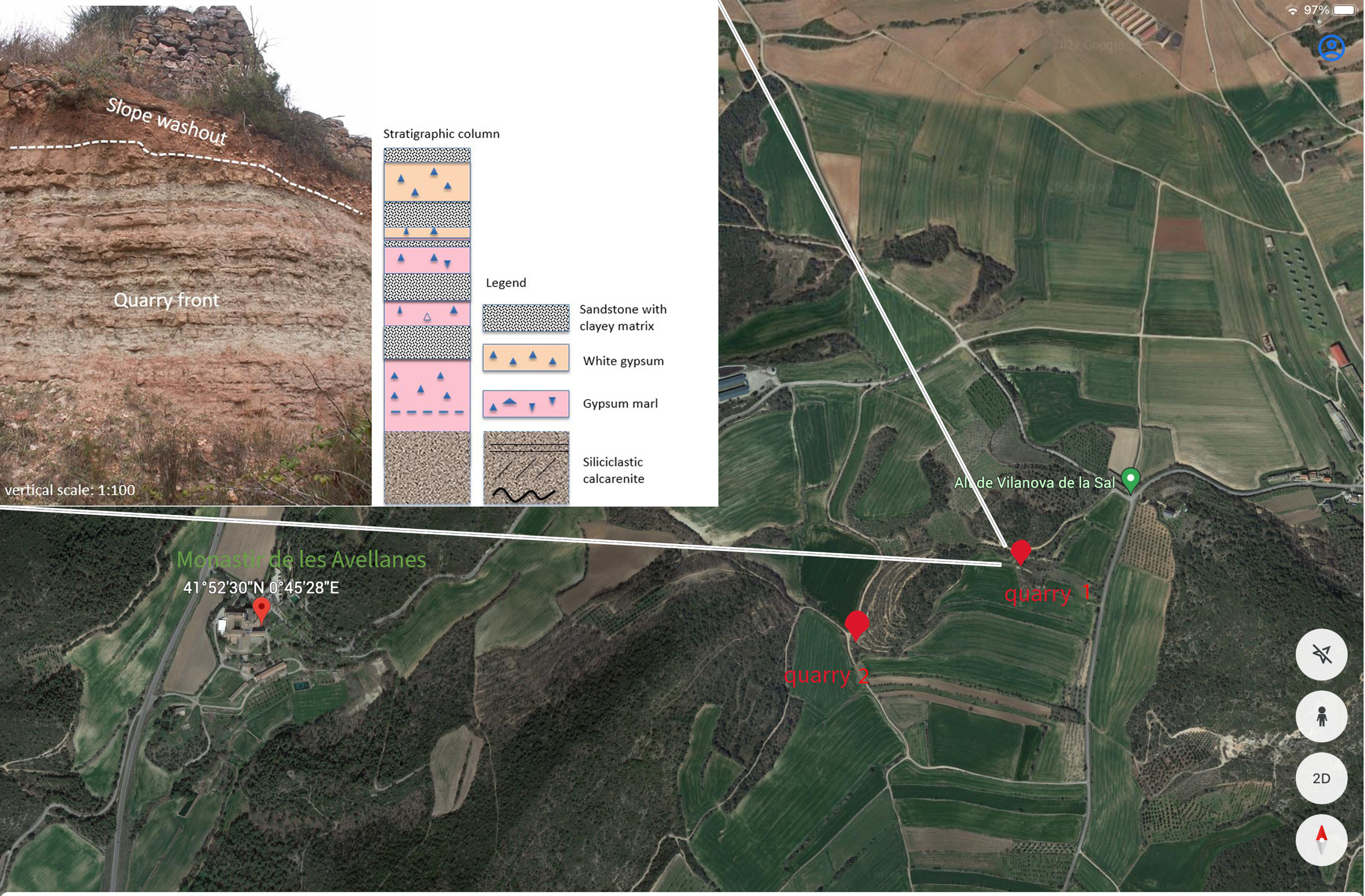 Google earth view of grounds surrounding the monastery of Les Avellanes with locations of two quarries marked with red dots. Graphic inset to the upper left showing the stratigraphic geological column of one quarry.