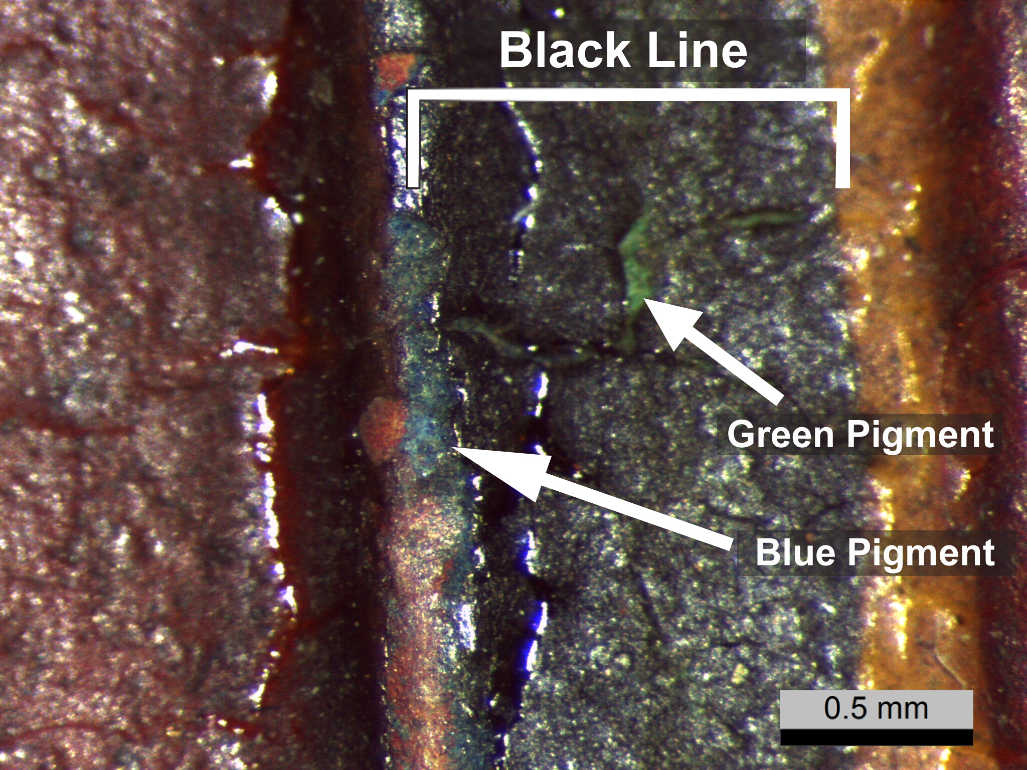 Close up of vertical lines starting on the left with red, blue, black, and yellow, with green visible through cracks in the black.