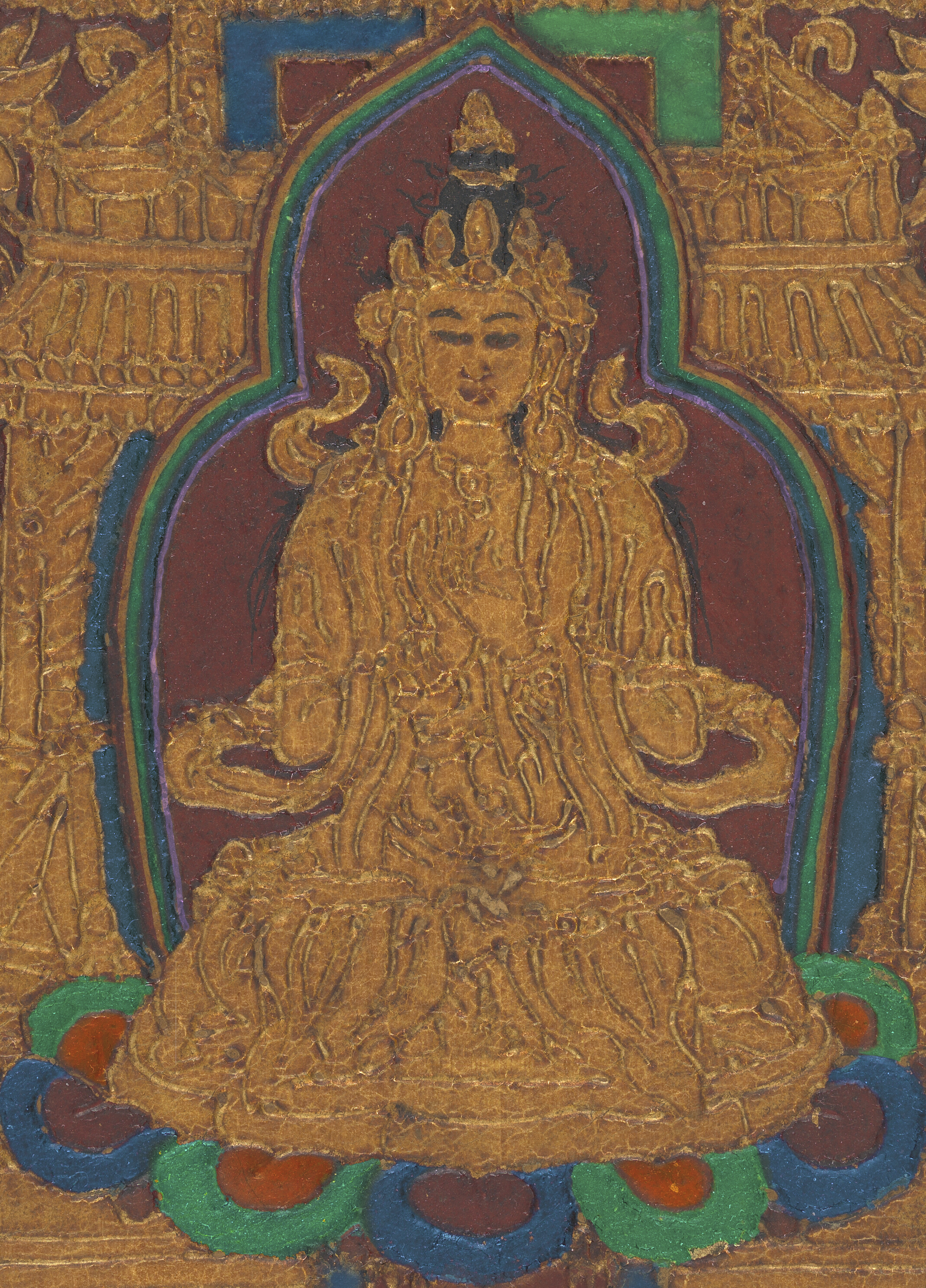 Gilded torana-shaped panel depicting a seated figure with red background and details in blue, green, orange, red, and purple.